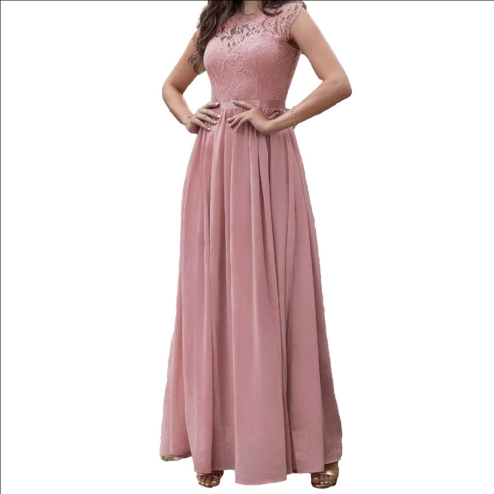 Musol Pink Lace Chiffon Fit And Flare Floor Length Gown Size S - Picture 2 of 16